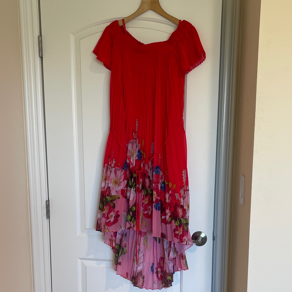 Ted Baker Red Floral High-Low Pleated Dress. Gorgeous Dress. Worn Twice.